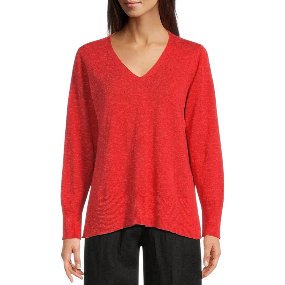 Eileen Fisher Organic‎ Linen Cotton Blend V-Neck Long Sleeve Tamarillo Sweater